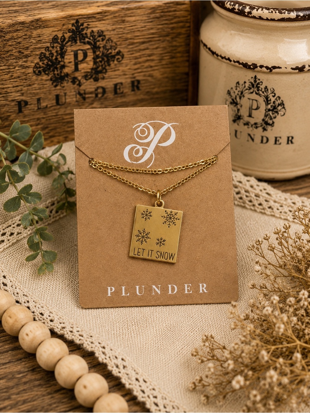 Plunder Design “Let It Snow” Gold-Tone Square Pendant Necklace ❄️✨
